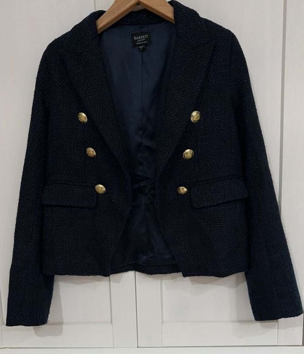 Bardot Junior Double-Breasted Navy Tweed Blazer with Gold Buttons